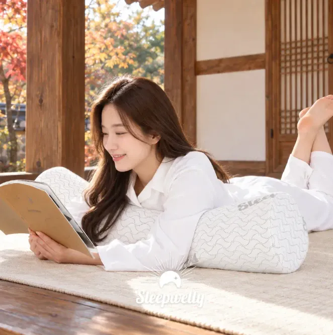 한옥 마루에서 베개에 기대 책을 읽는 사람 (슬립웰리 브랜드 자료)